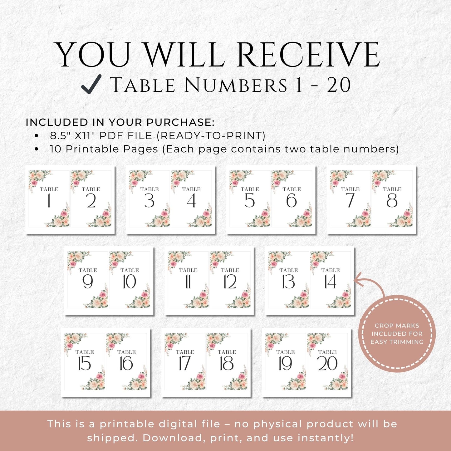 Printable Wedding Table Numbers 1-20, 5x7