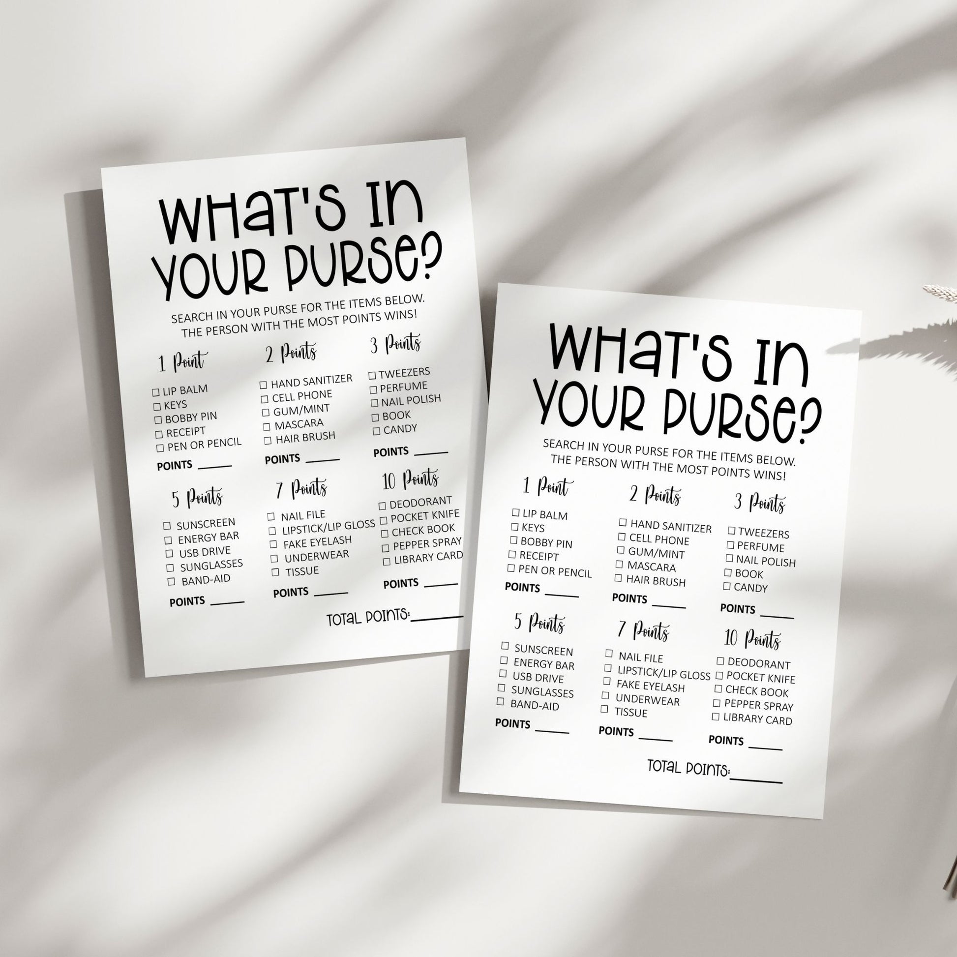 What's in Your Purse? Bridal Shower Game, Simple Black and White Design, Fun Printable Party Activity, Instant Download