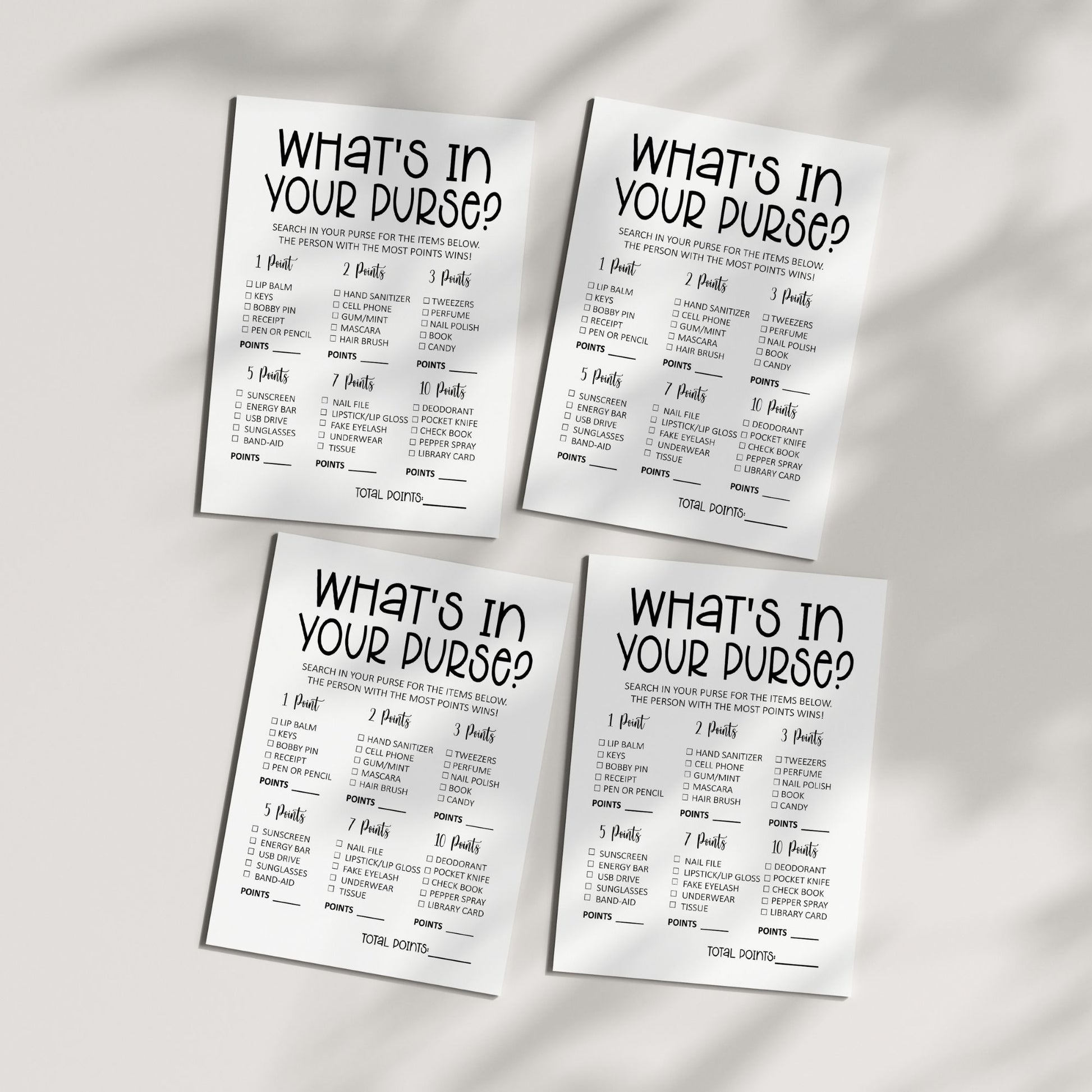 What's in Your Purse? Bridal Shower Game, Simple Black and White Design, Fun Printable Party Activity, Instant Download
