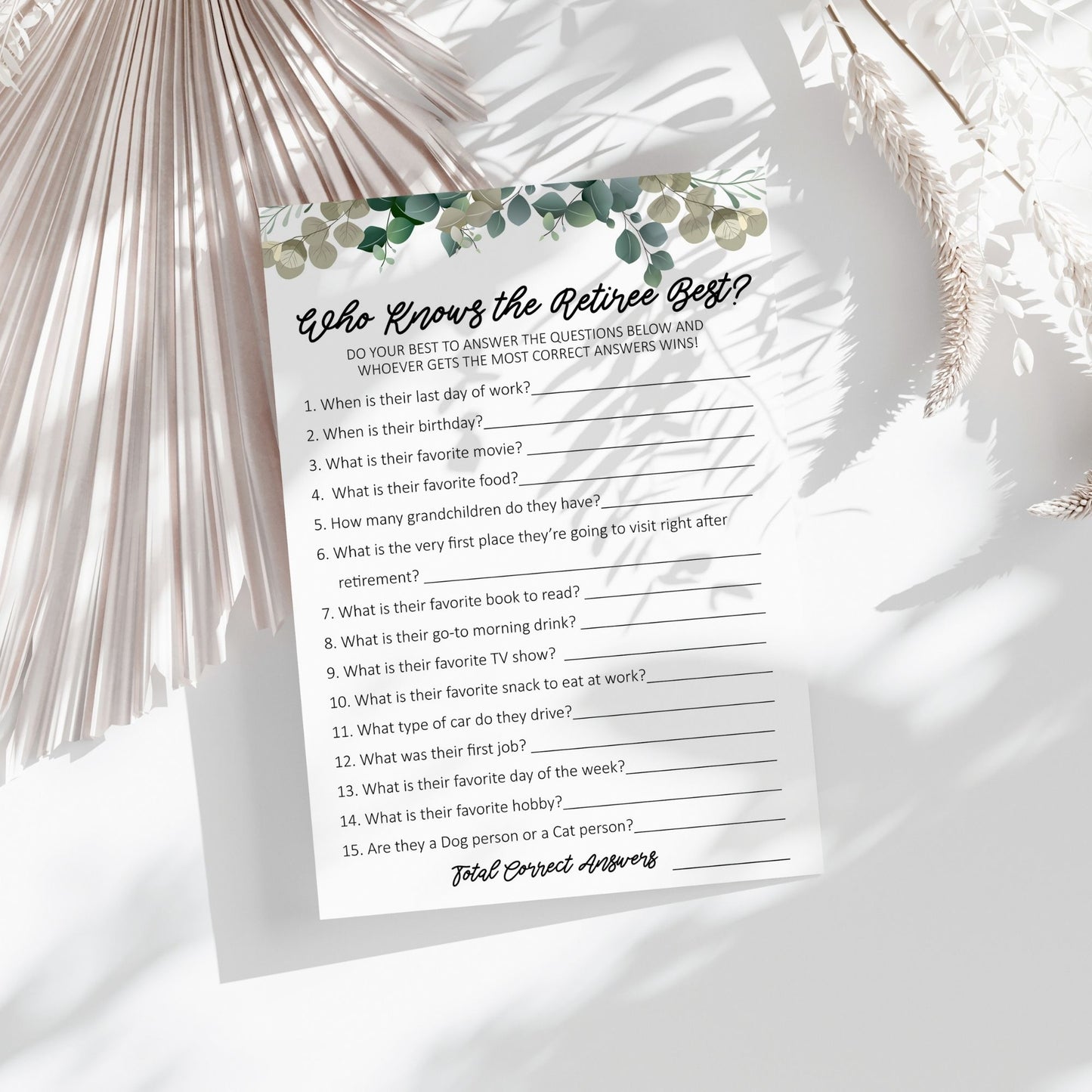 Who Knows the Retiree Best? Retirement Party Game, Fun Printable Activity, Greenery Theme, Instant Download