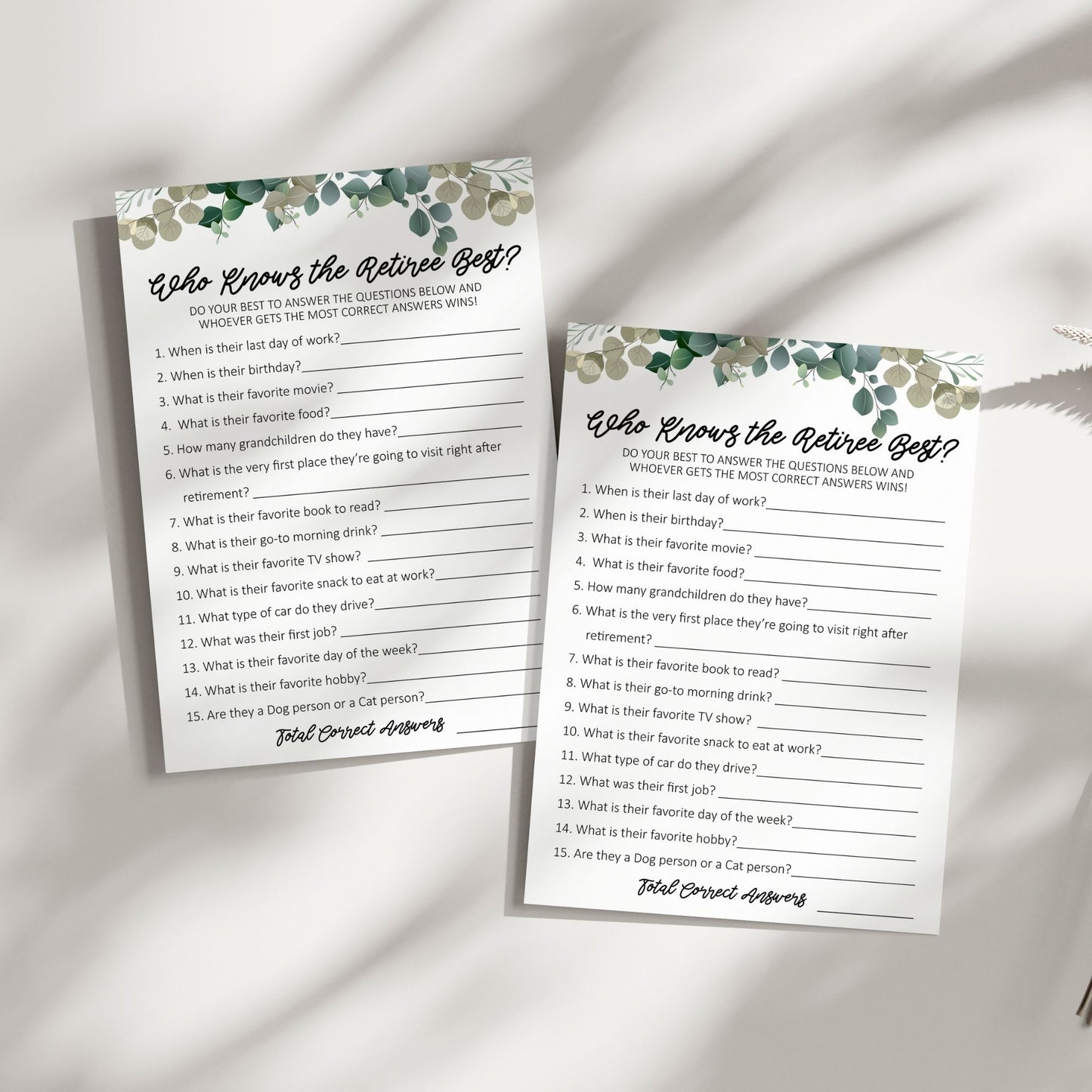 Who Knows the Retiree Best? Retirement Party Game, Fun Printable Activity, Greenery Theme, Instant Download