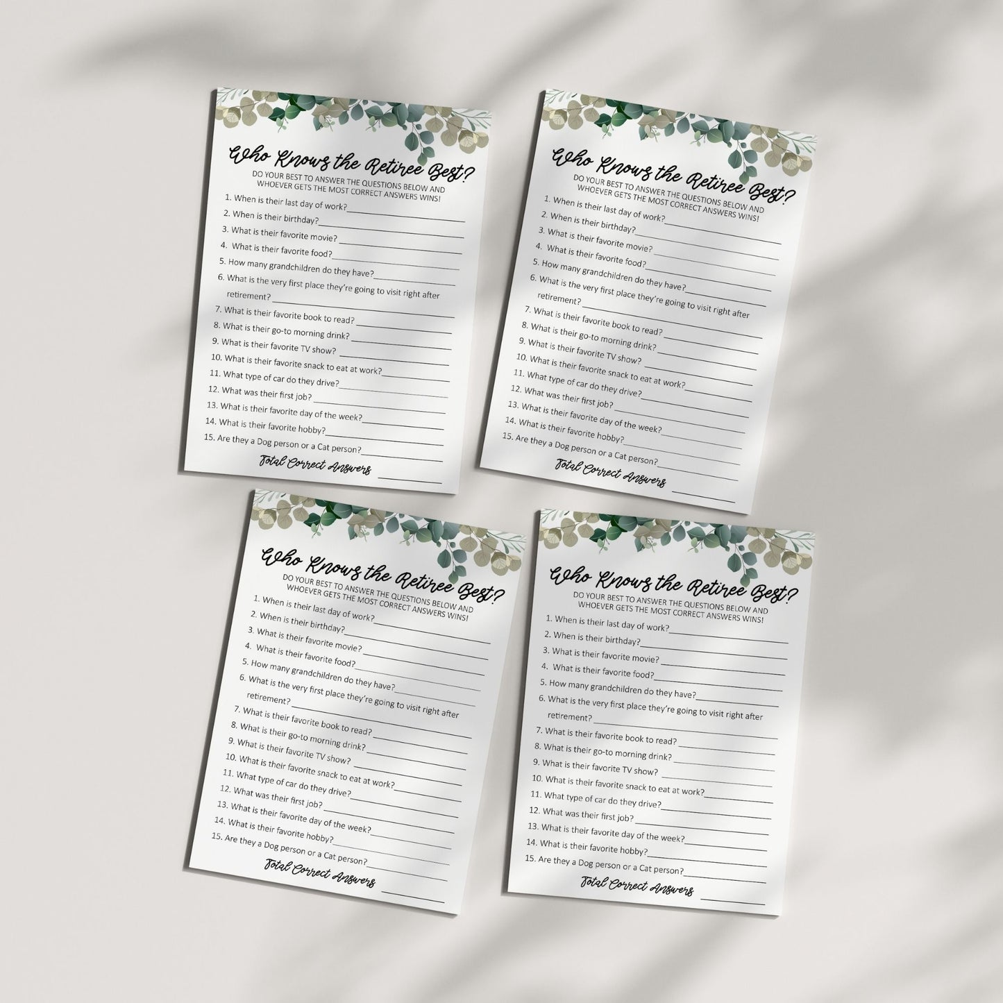 Who Knows the Retiree Best? Retirement Party Game, Fun Printable Activity, Greenery Theme, Instant Download