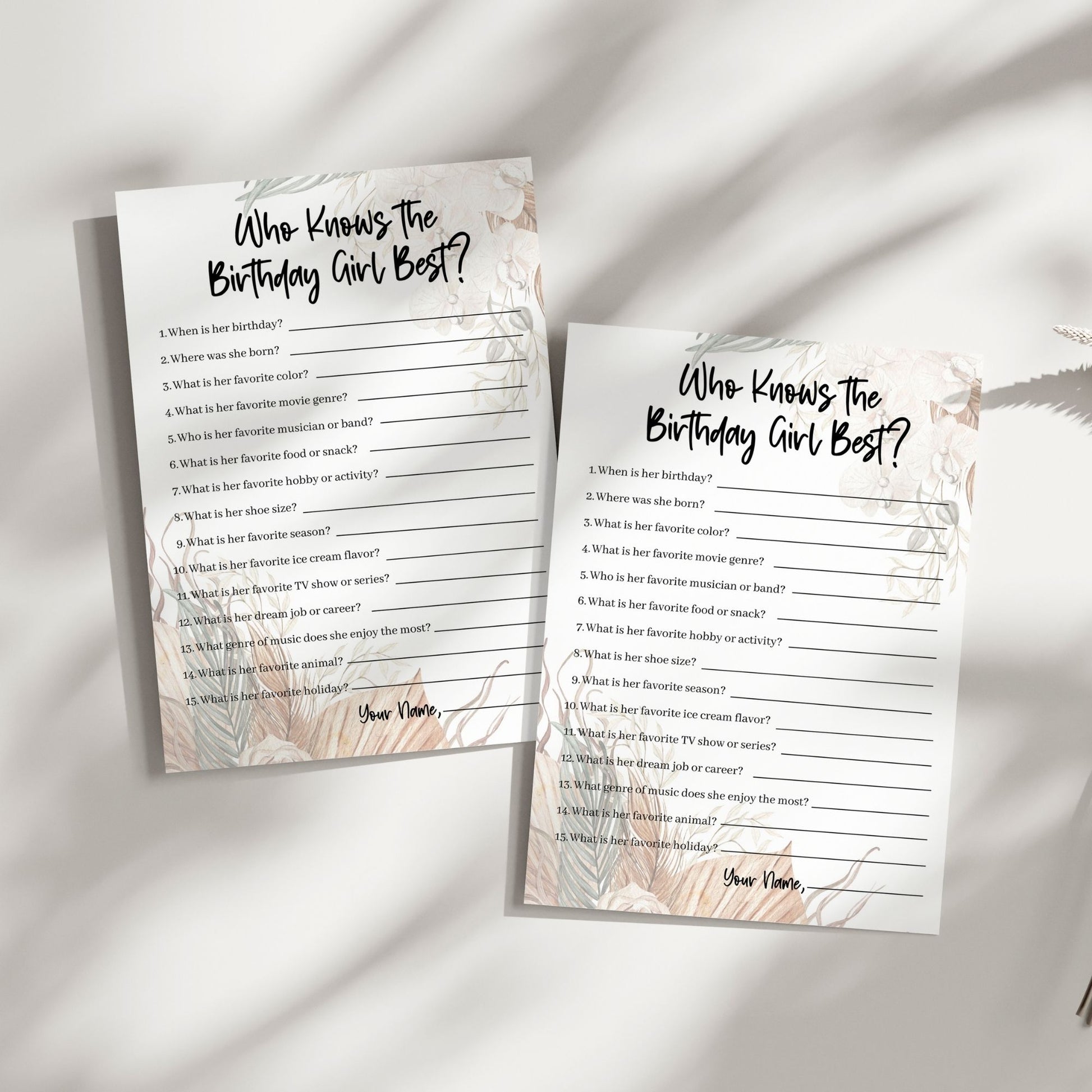 Who Knows the Birthday Girl Best? Fun Birthday Party Game, Printable Trivia Activity, Floral Theme, Instant Download for All Ages