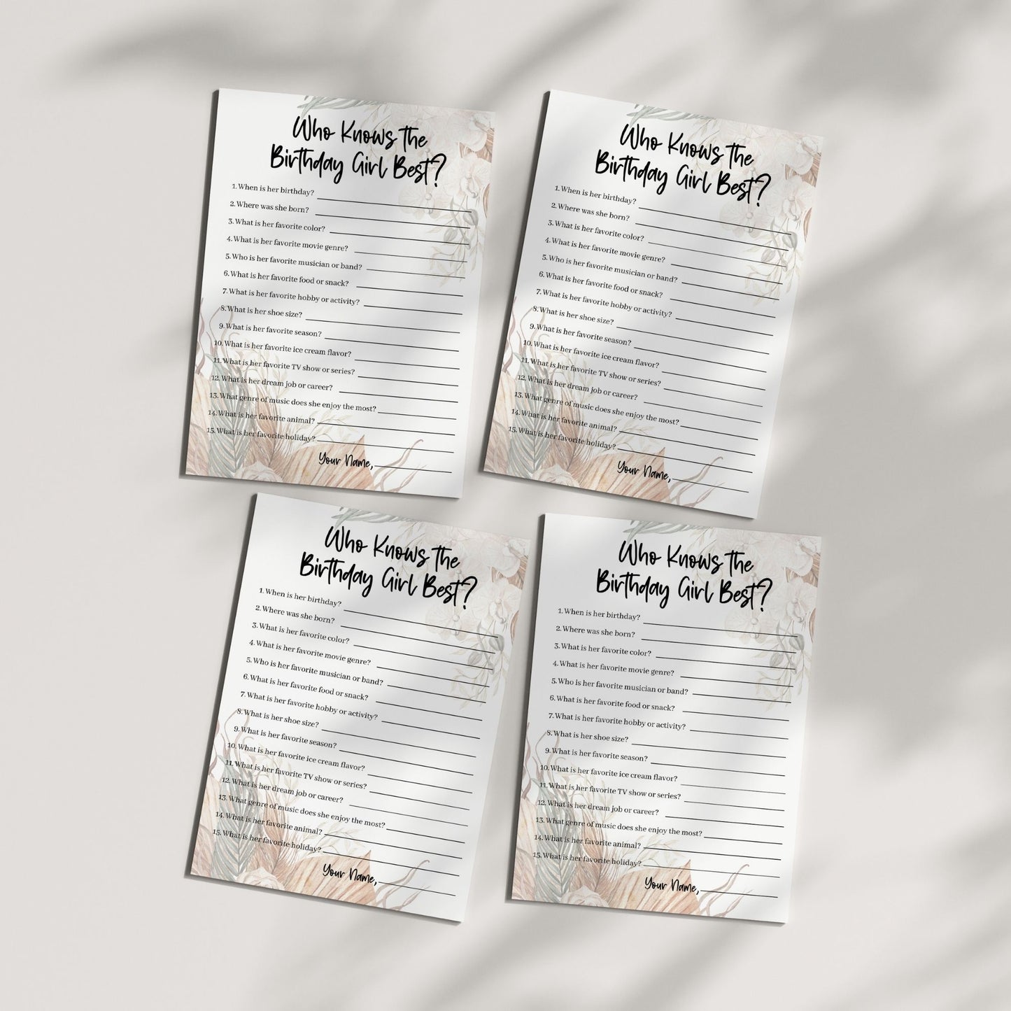 Who Knows the Birthday Girl Best? Fun Birthday Party Game, Printable Trivia Activity, Floral Theme, Instant Download for All Ages