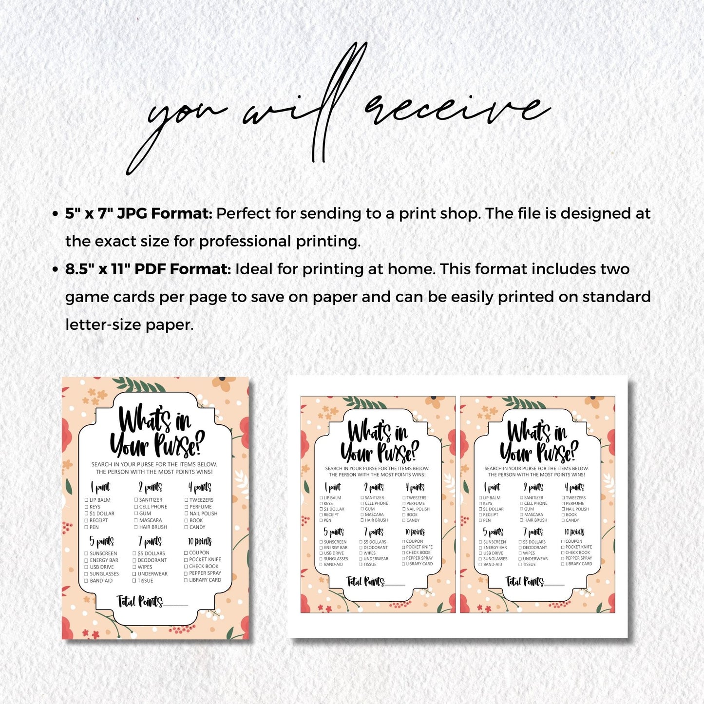What's in Your Purse? Bridal Shower Game, Floral Theme