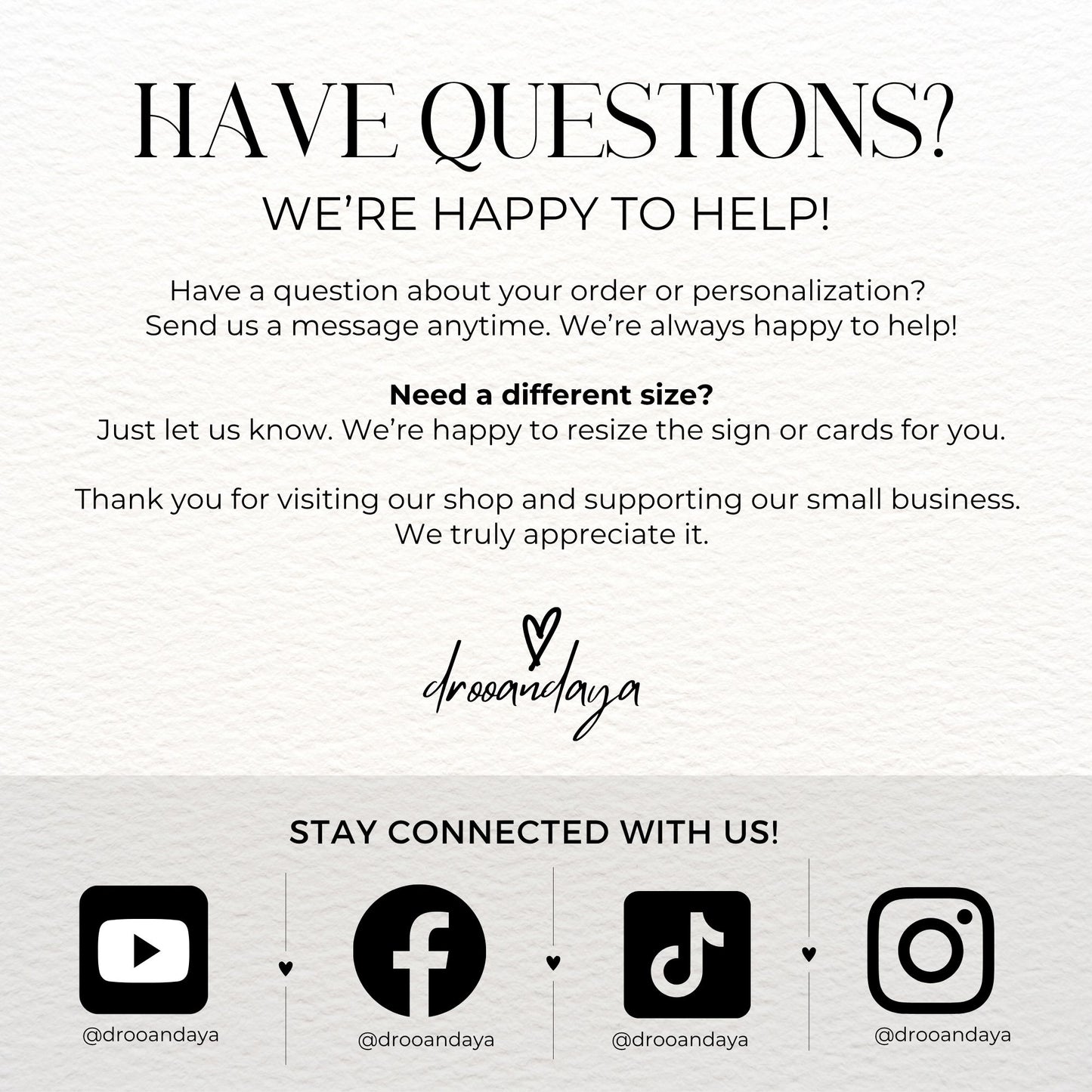 Customer service message with contact information and social media icons on a white background