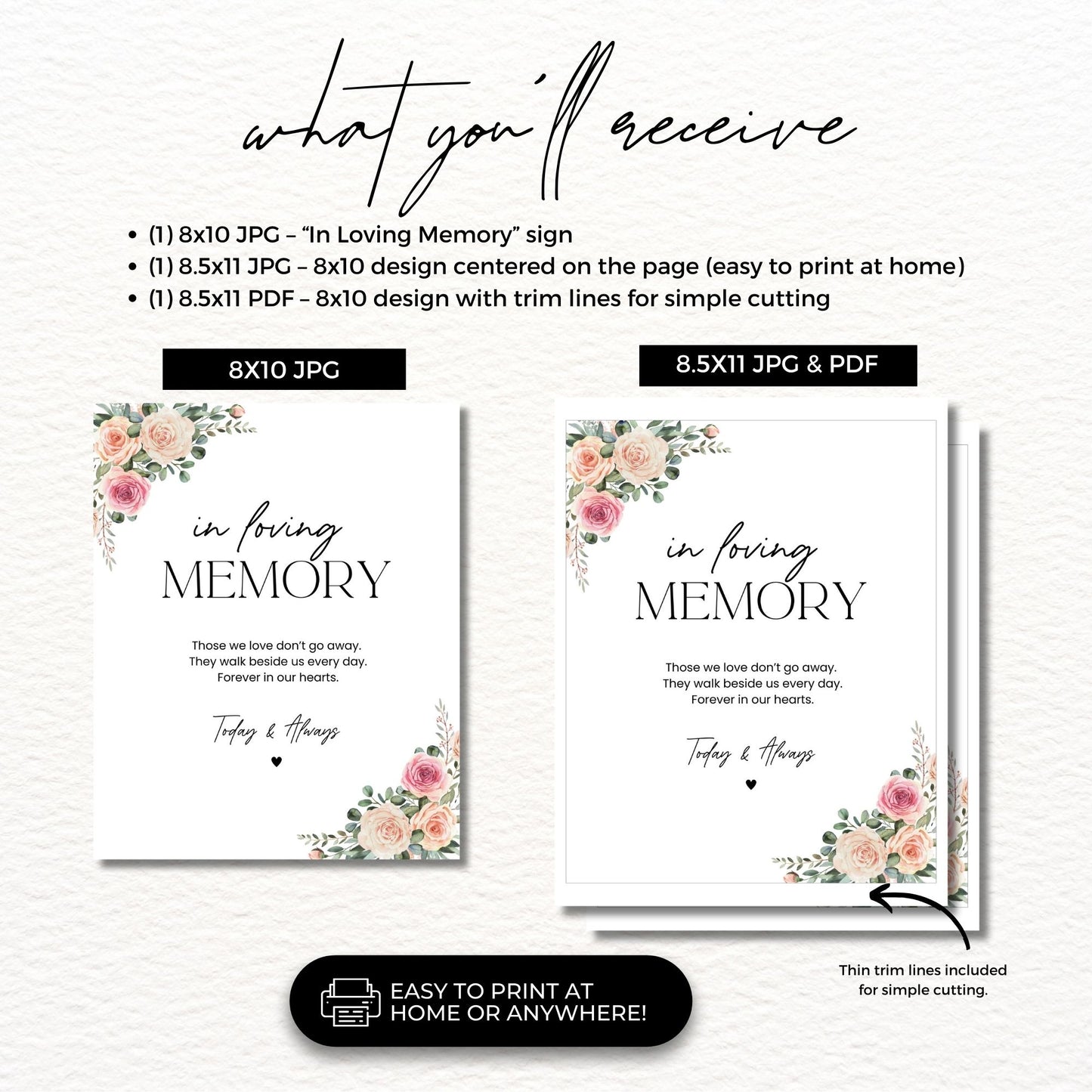 Memorial Sign Printable In Loving Memory Wall Art, Floral Sympathy Quote, Funeral Celebration of Life Decoration, Digital Download