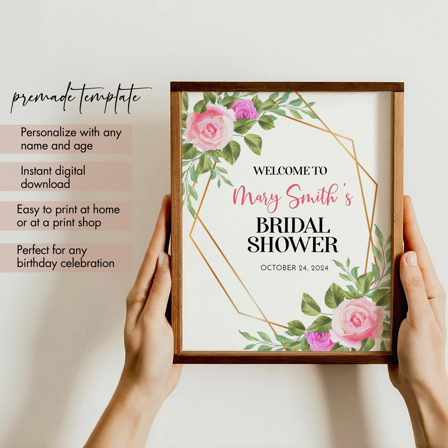 Floral Bridal Shower Welcome Sign, Editable 8x10 Corjl Template, Custom Name and Date, Bridal Shower Party Decor, Elegant Roses, Instant Download
