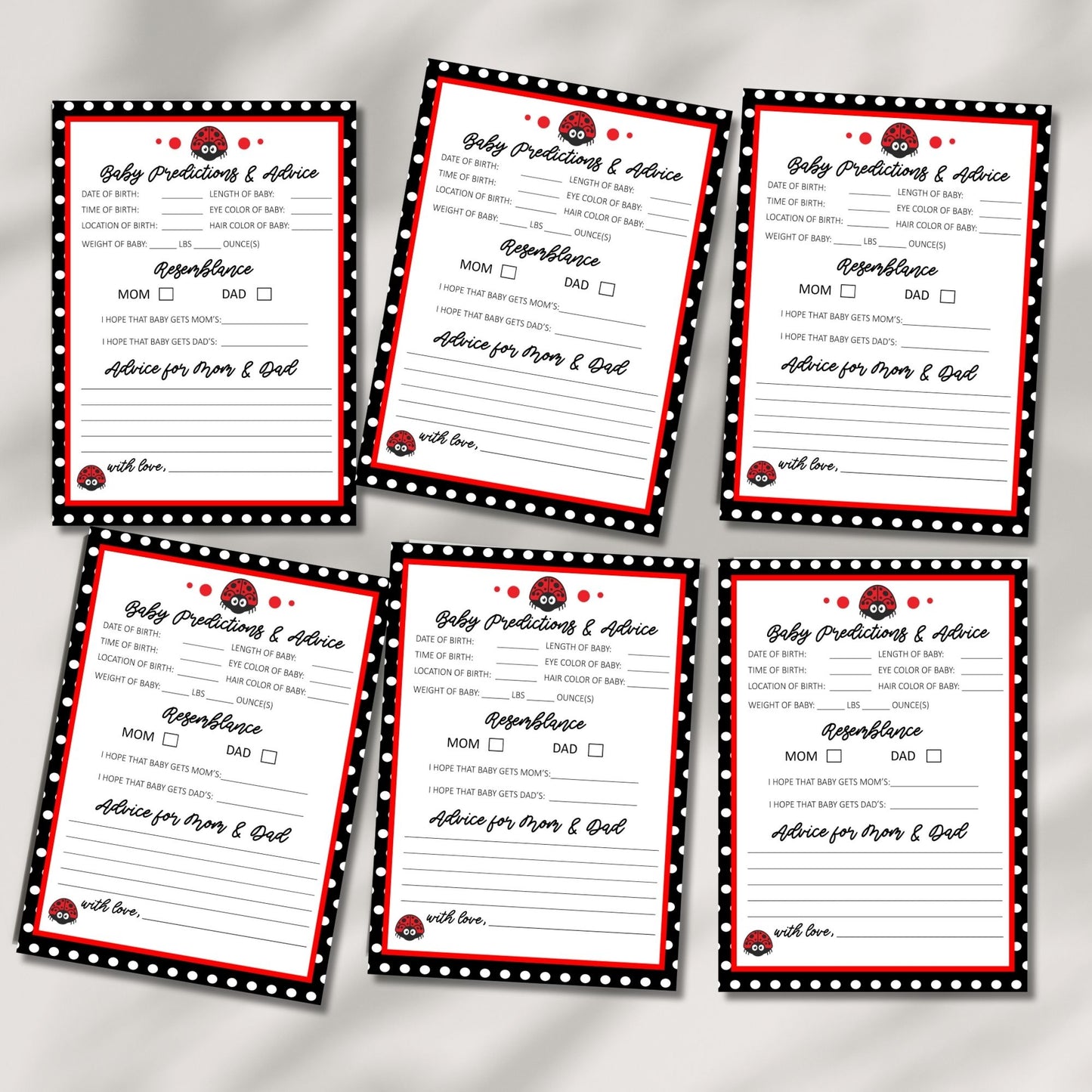 Ladybug Theme Baby Shower Predictions and Advice Cards Printable 5x7 Digital Download, Instant Download Baby Game for Moms, Parents, Aunties