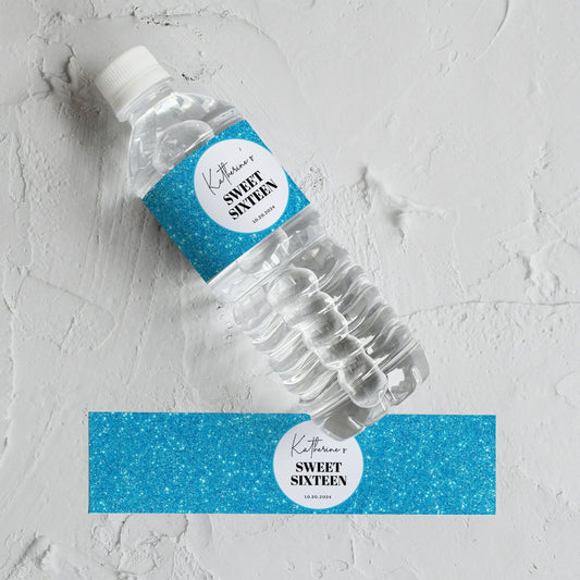 Blue Glitter Water Bottle Labels | Custom Birthday Labels for Any Age | Printable Birthday Favor Decor | Personalized Party Supplies