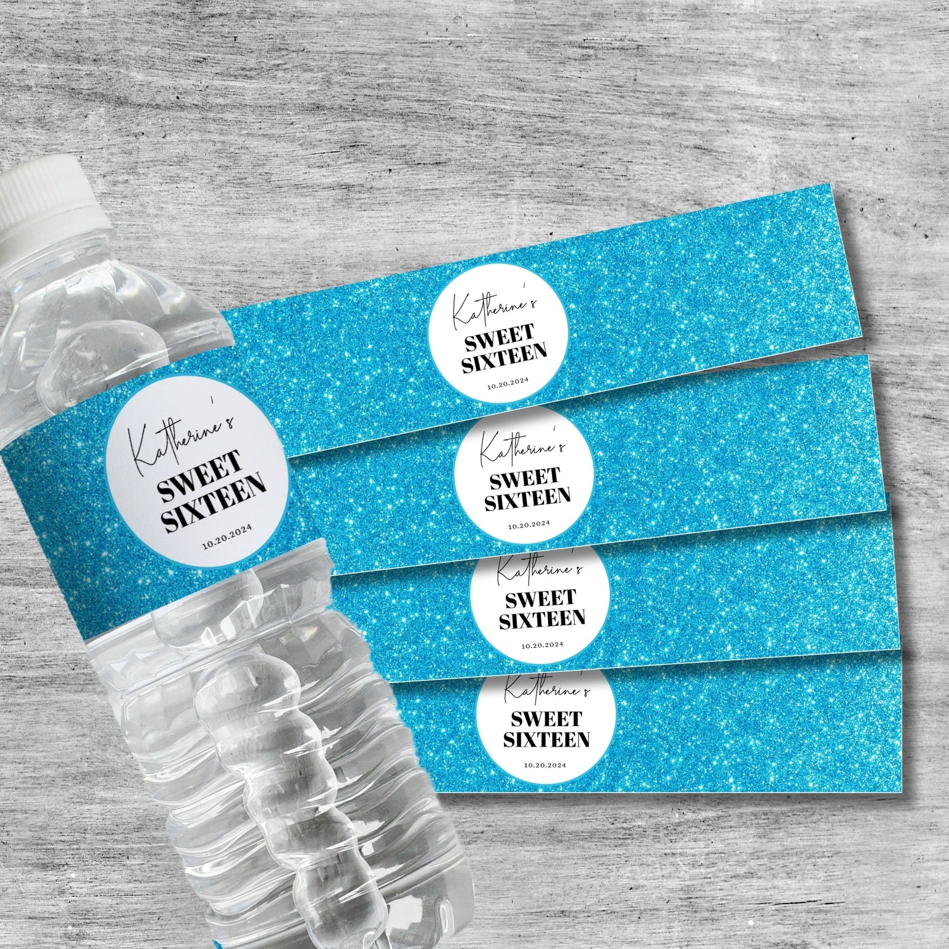 Blue Glitter Water Bottle Labels | Custom Birthday Labels for Any Age | Printable Birthday Favor Decor | Personalized Party Supplies