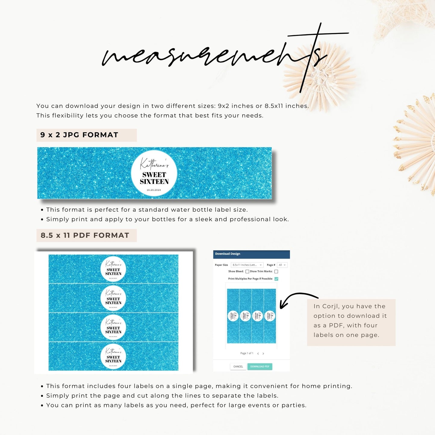 Blue Glitter Water Bottle Labels Template