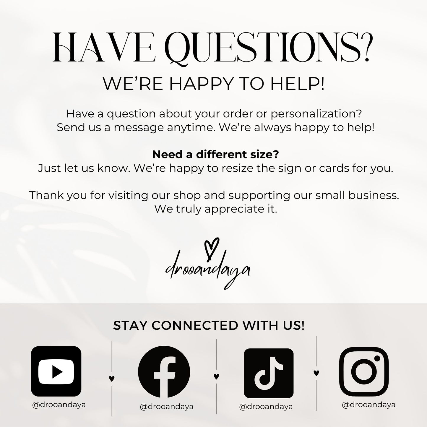 Customer service message with contact information and social media icons on a white background