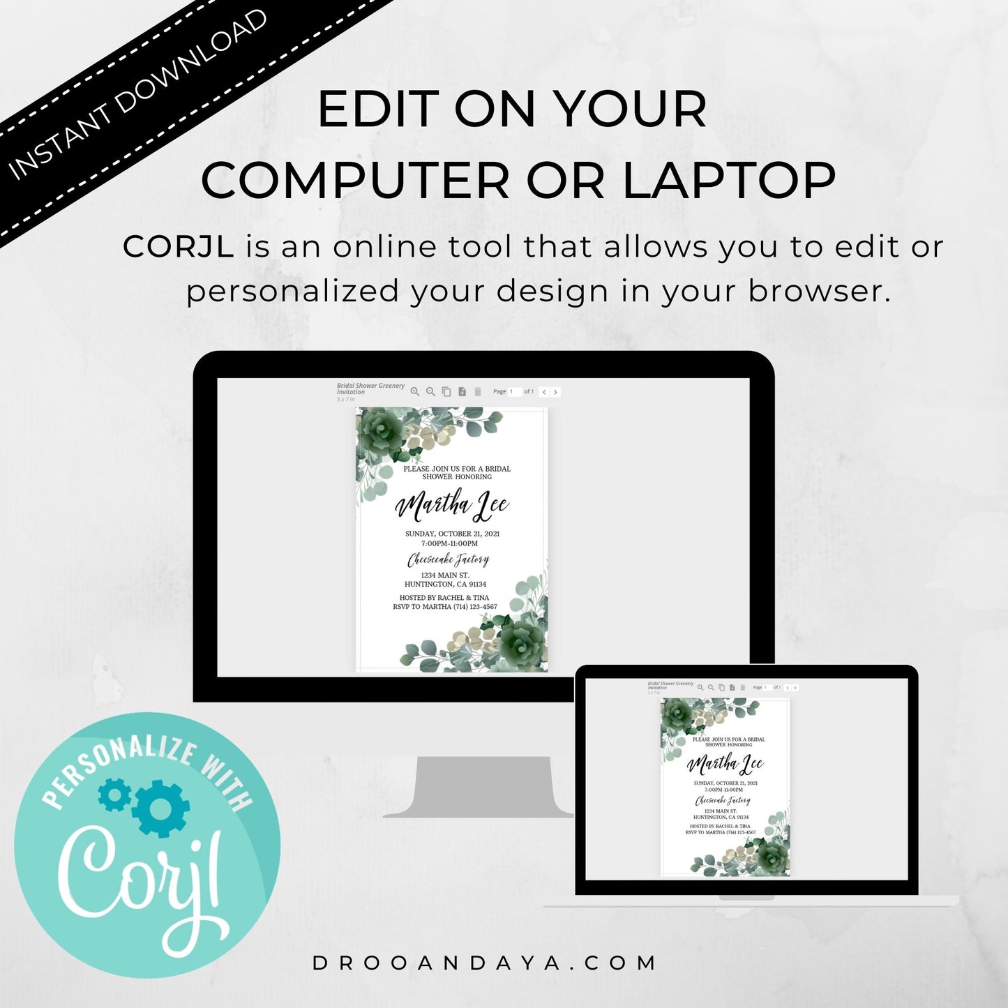 Bridal Shower Invitation Template - Floral Greenery - Droo & Aya