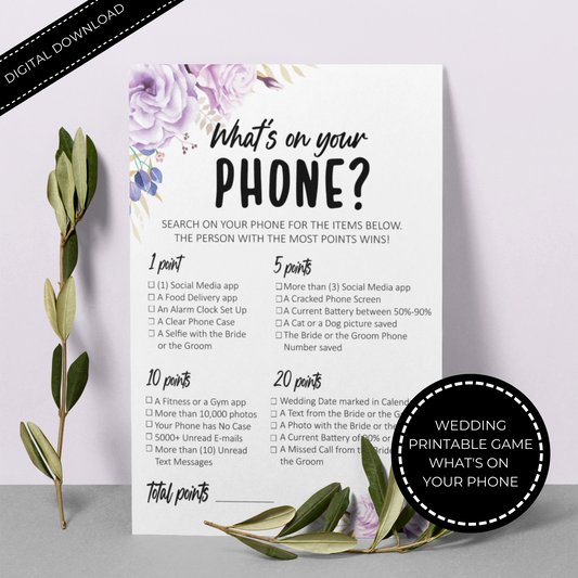 What's On Your Phone Wedding Game Printable - Purple Floral