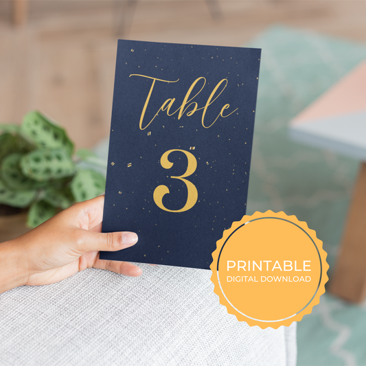 Navy Blue and Gold Wedding Table Numbers Printable - Table 1-25