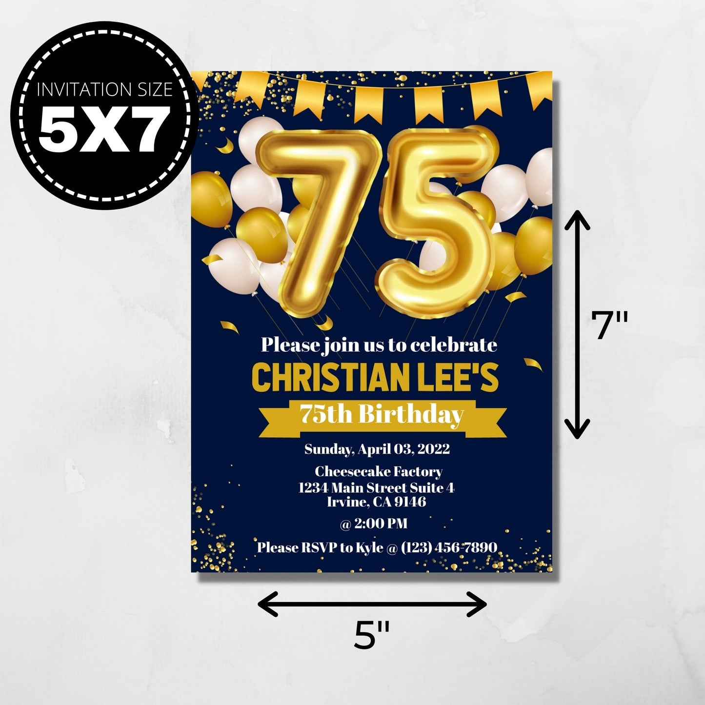 75th Birthday Milestone Birthday Invitation Editable Template - Navy Blue and Gold - Droo & Aya