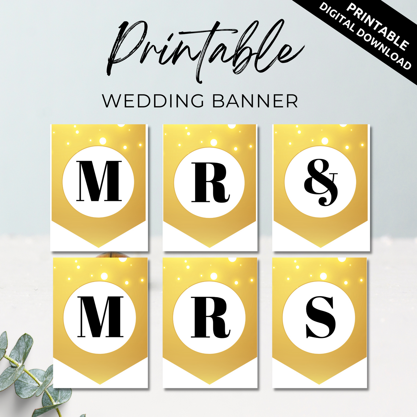 Mr and Mrs Wedding Banner Printable - Gold