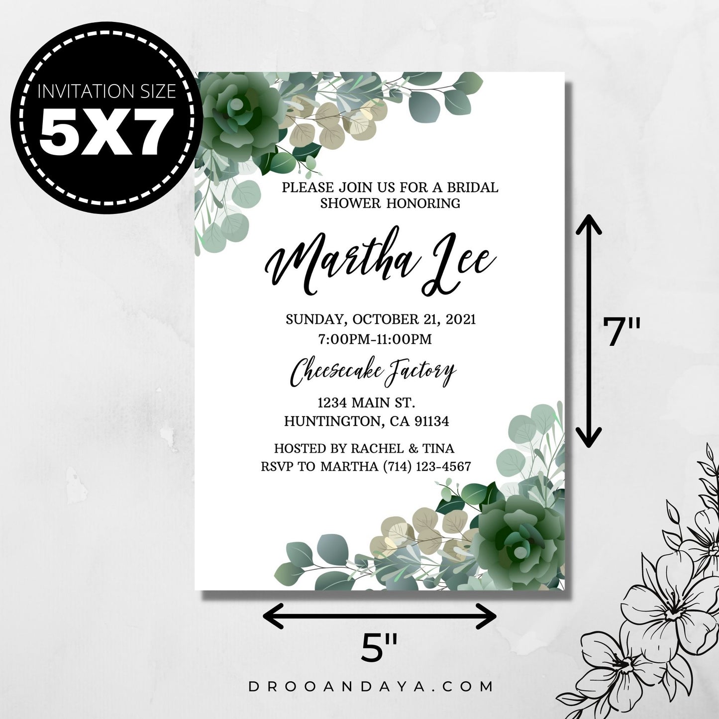 Bridal Shower Invitation Template - Floral Greenery - Droo & Aya