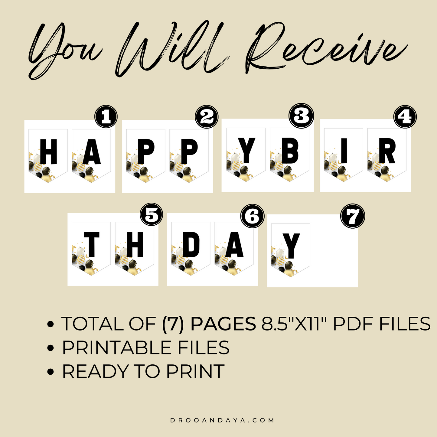 Happy Birthday Banner Printable PDF - Black and Gold Theme - Droo & Aya