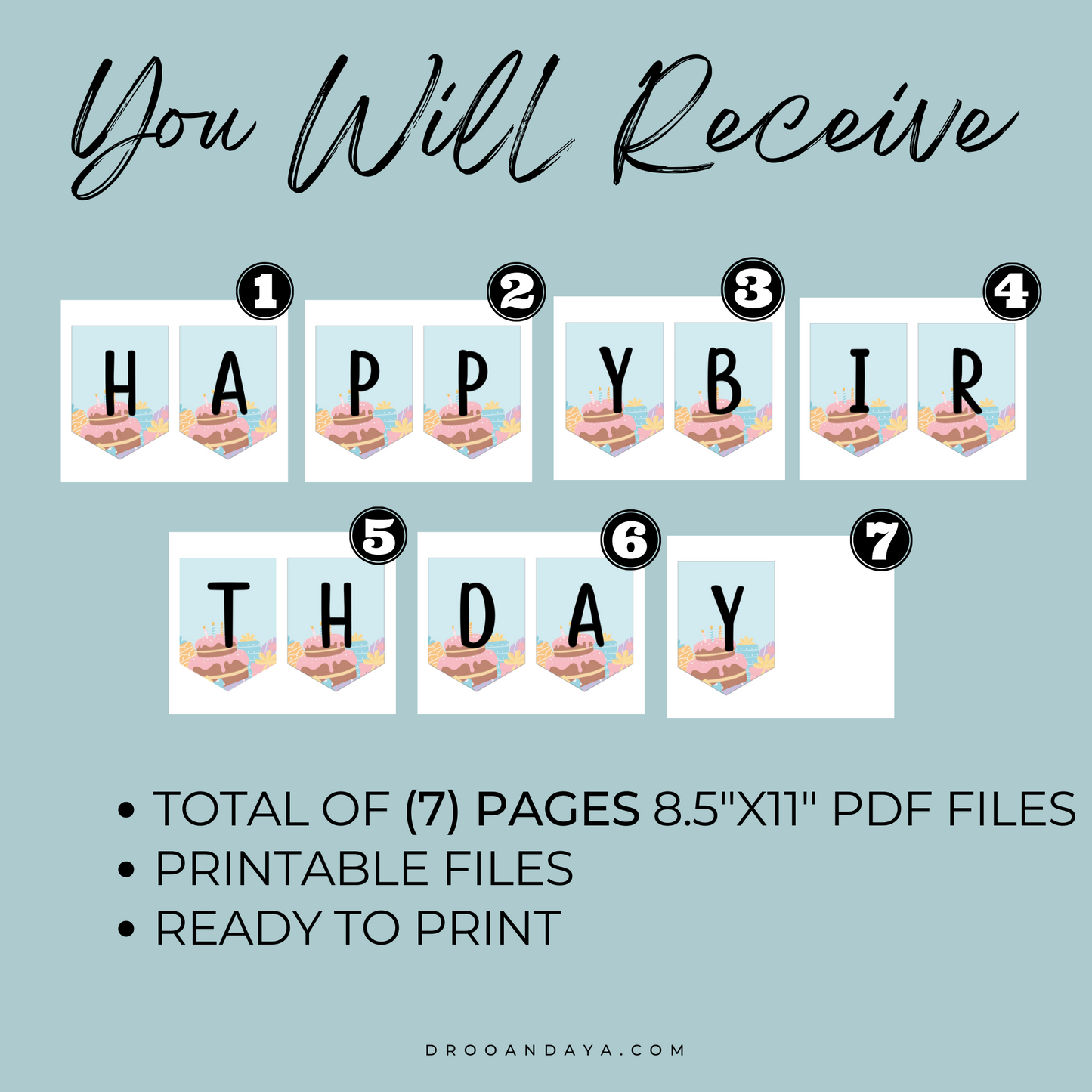 Happy Birthday Banner Printable PDF - Pink Cake Theme - Droo & Aya