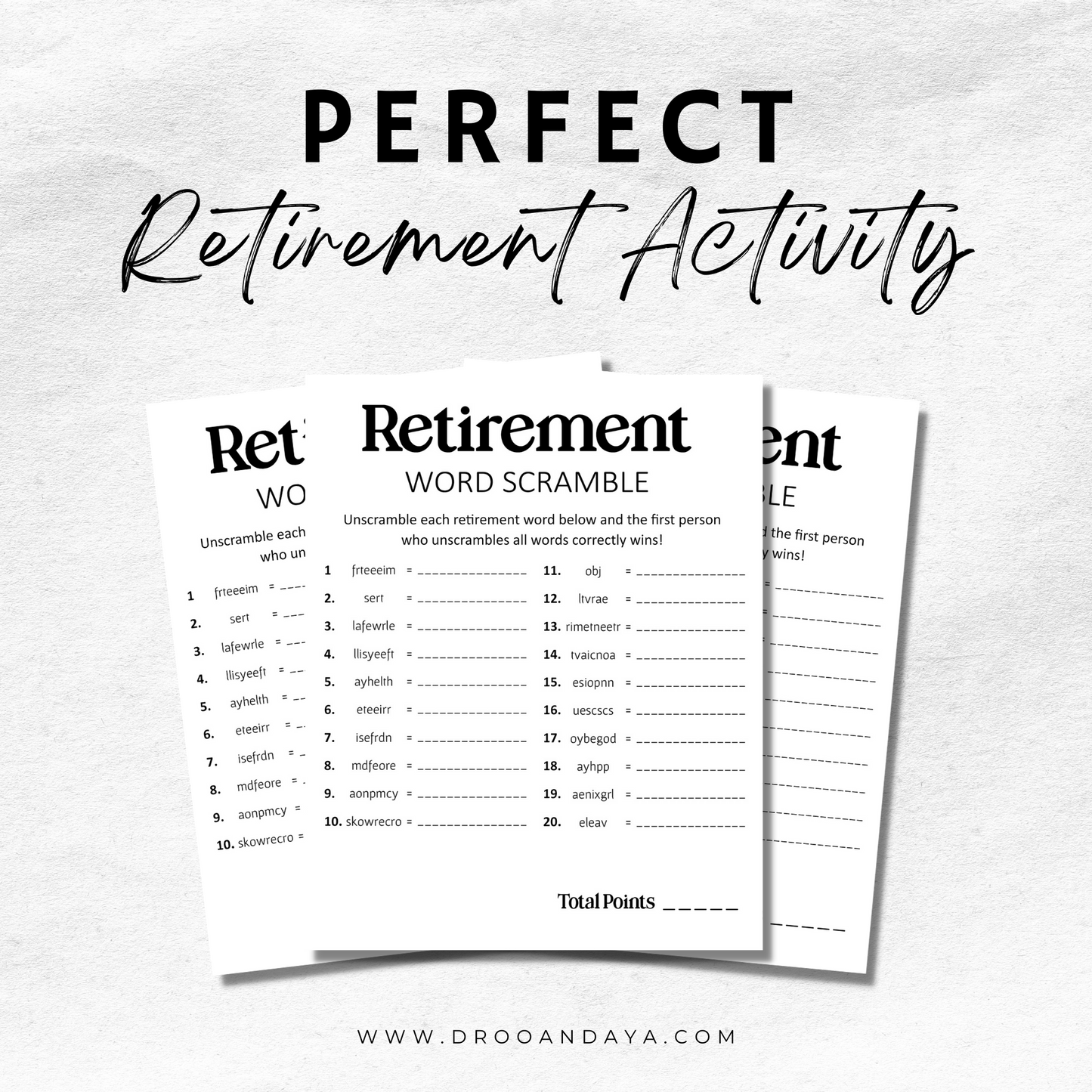 Printable Retirement Word Scramble Game - Droo & Aya