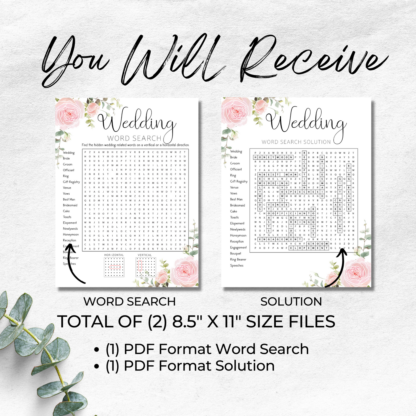 Wedding Word Search Horizontal and Vertical Only - Floral