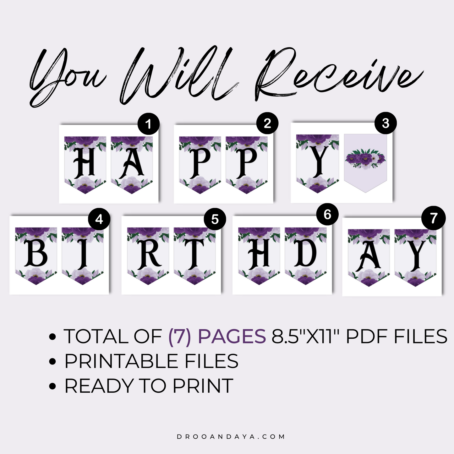 Happy Birthday Banner Printable PDF - Purple Floral Theme - Droo & Aya