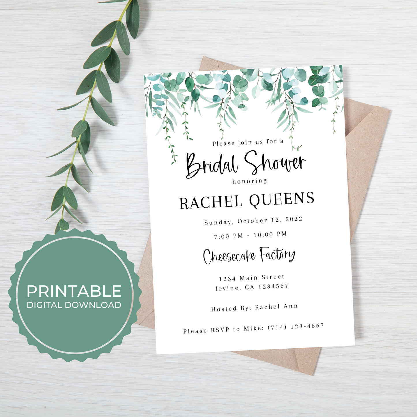 Bridal Shower Invitation Template Eucalyptus