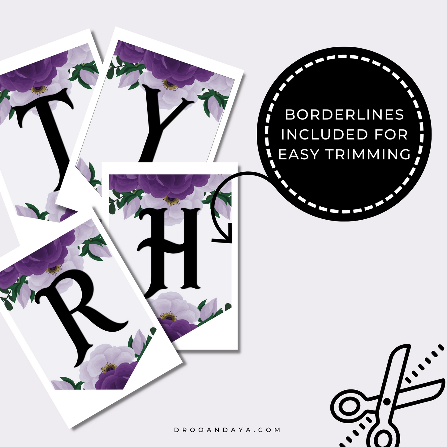 Happy Birthday Banner Printable PDF - Purple Floral Theme - Droo & Aya