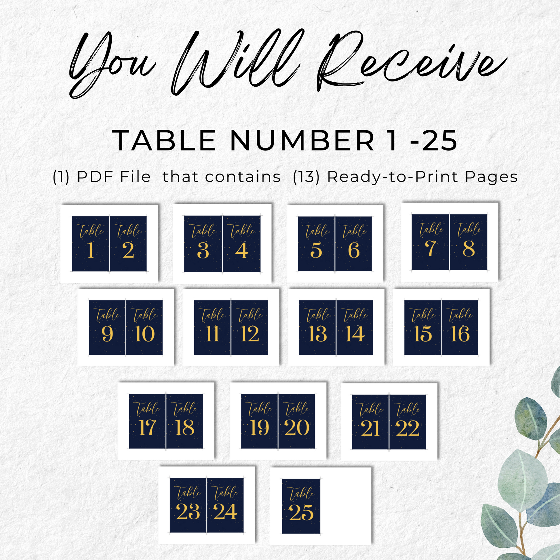 Navy Blue and Gold Wedding Table Numbers Printable - Table 1-25