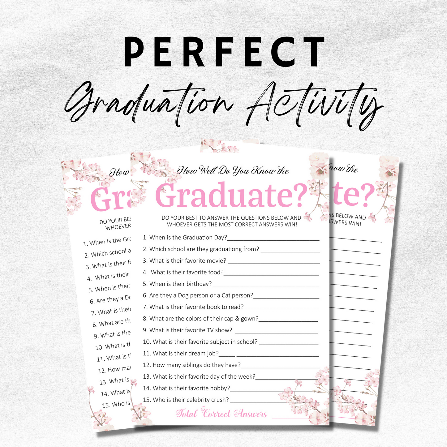 Class of 2022 Graduation Party Game Printable - How Well Do You Know the Graduate - Pink Floral