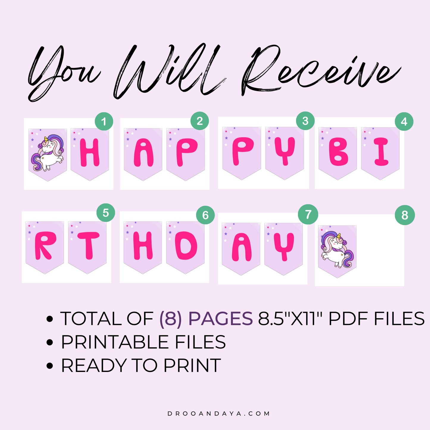 Happy Birthday Banner Printable PDF - Unicorn Theme - Droo & Aya