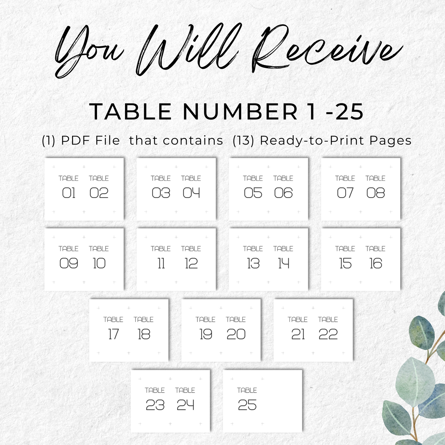 Wedding Table Numbers Printable - Table 1-25