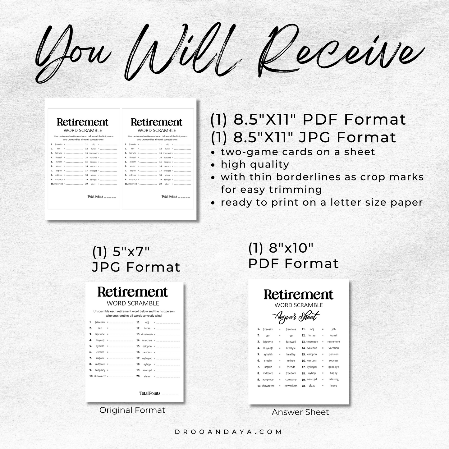 Printable Retirement Word Scramble Game - Droo & Aya