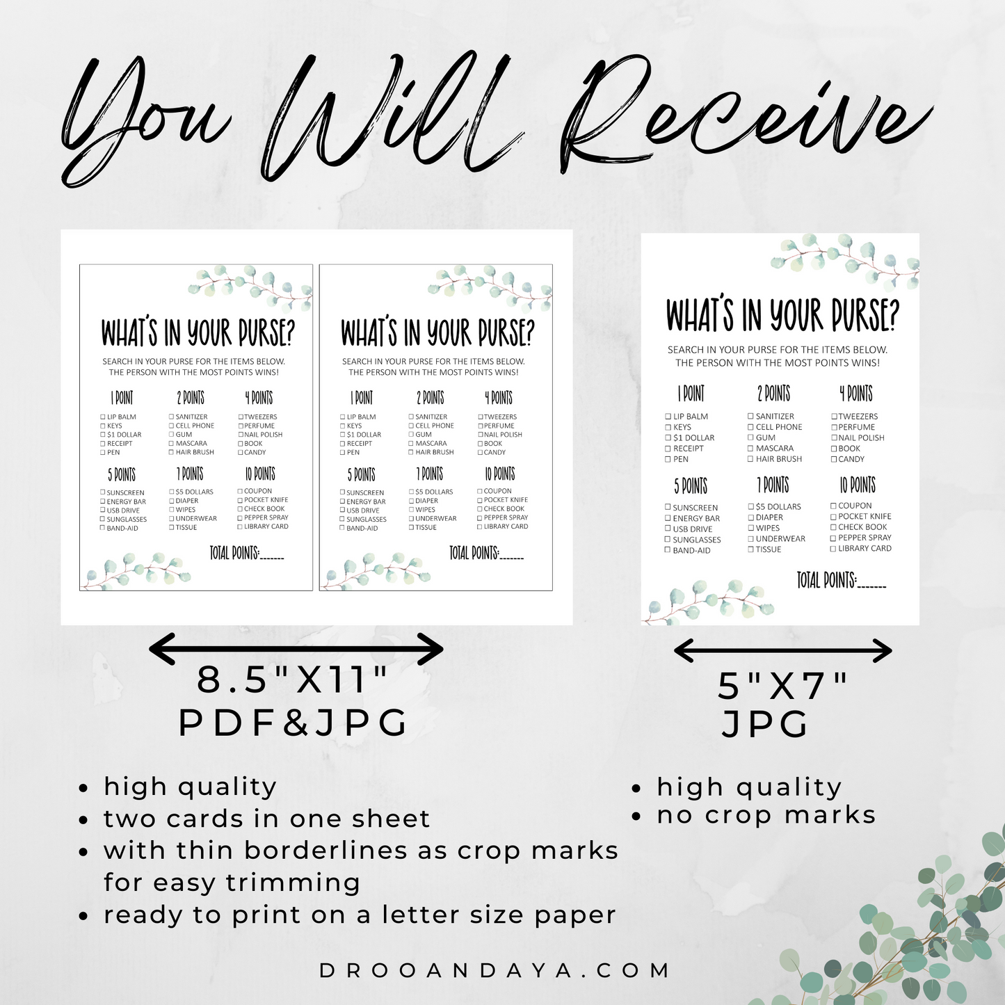 Baby Shower Printable Games Bundle Eucalyptus Theme - Droo & Aya
