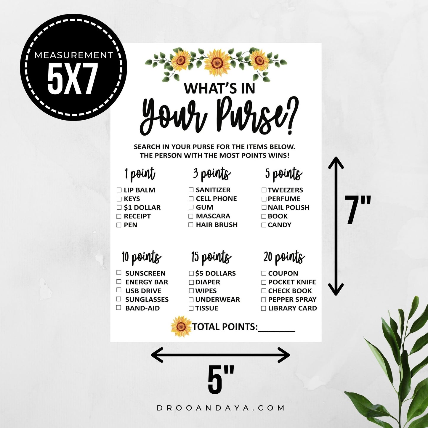 What's In Your Purse Baby Shower Game Printable - Sunflower Theme - Droo & Aya