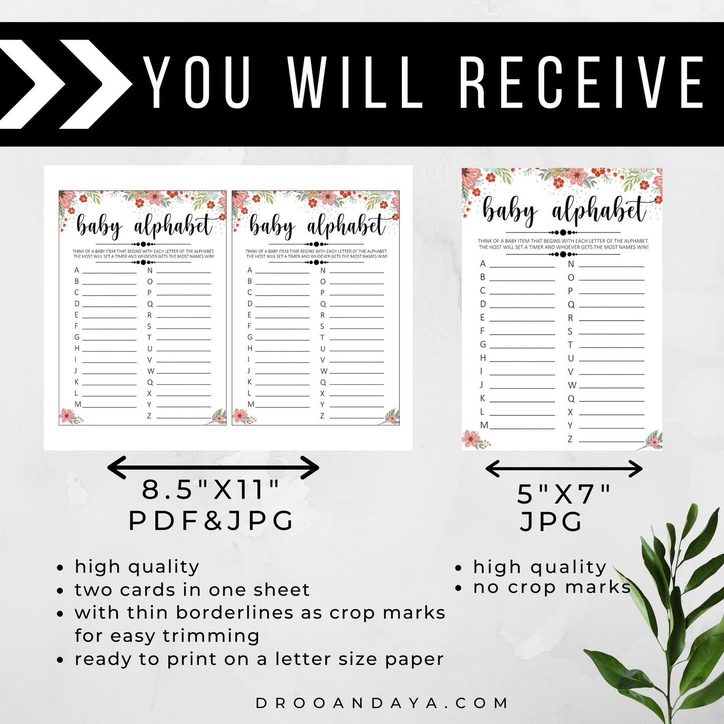 Baby Alphabet Game A to Z Baby Shower Game Printable - Floral - Droo & Aya