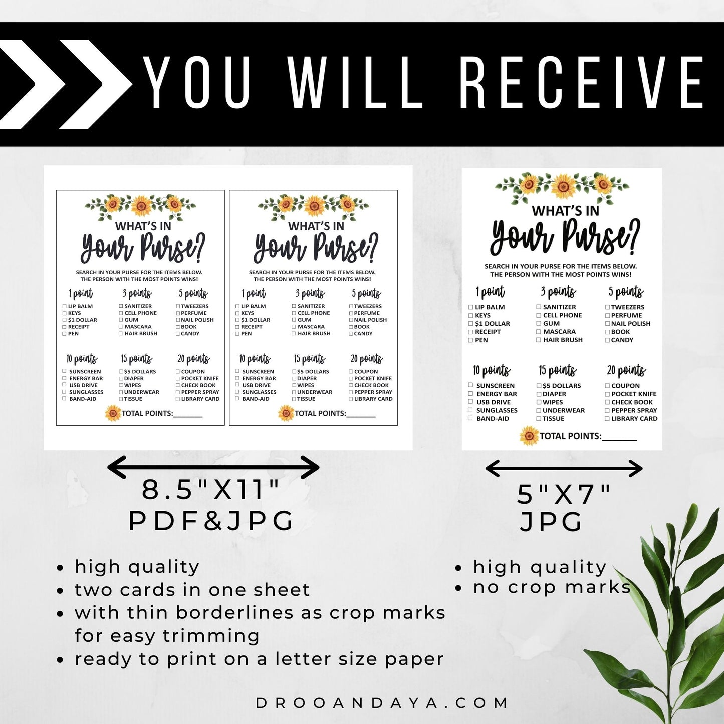 What's In Your Purse Baby Shower Game Printable - Sunflower Theme - Droo & Aya
