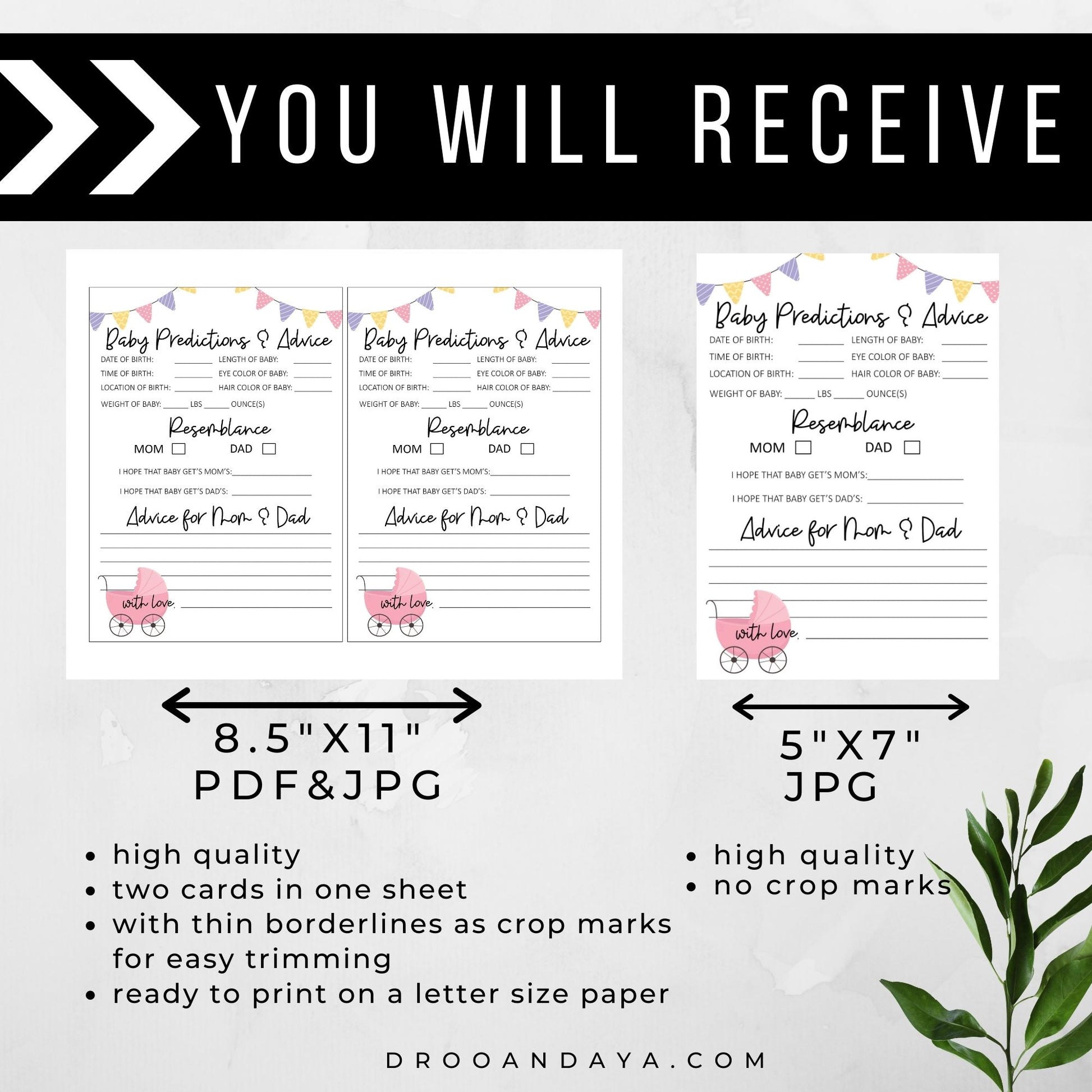 Baby Predictions and Advice Printable - Pink - Droo & Aya