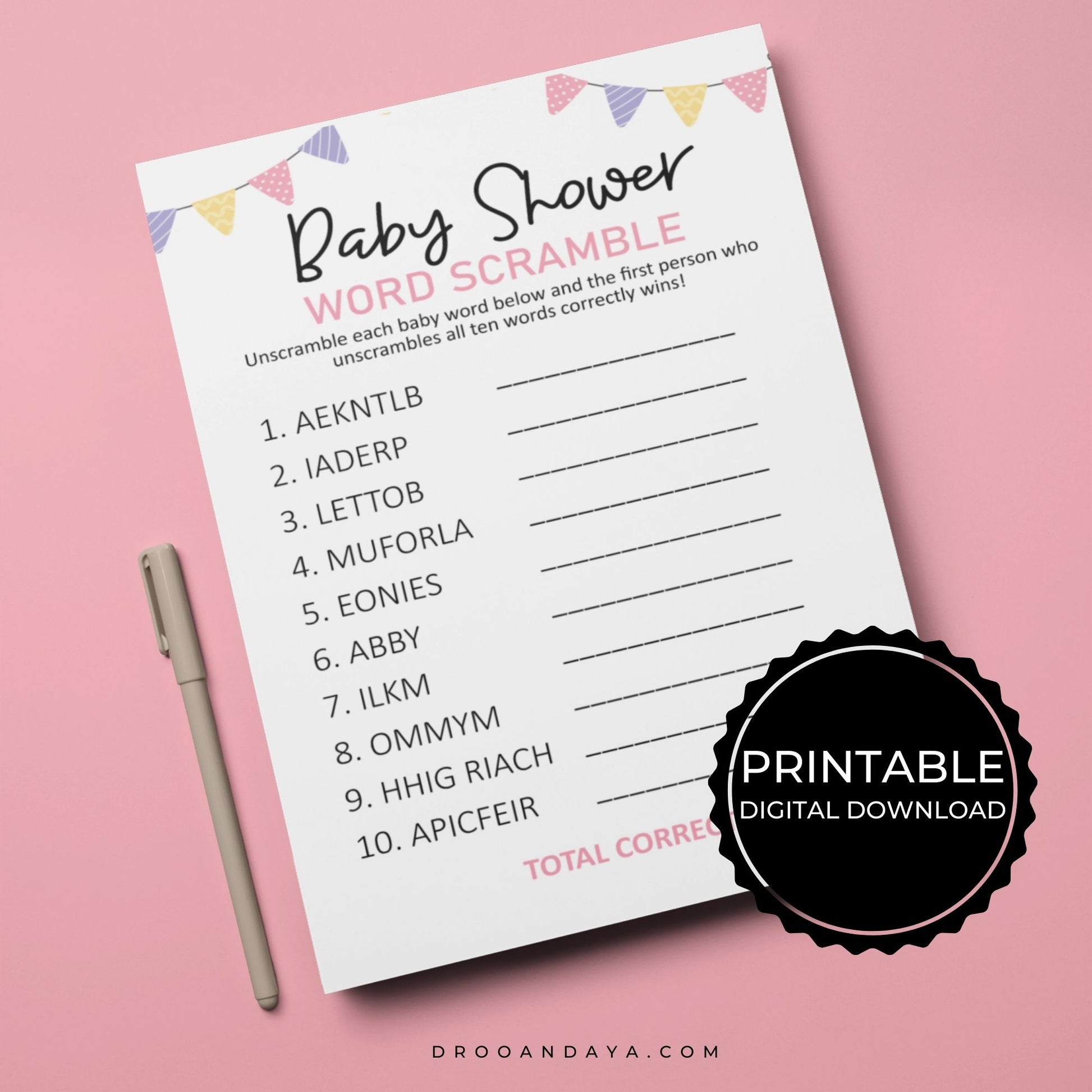 Word Scramble Baby Shower Game Printable