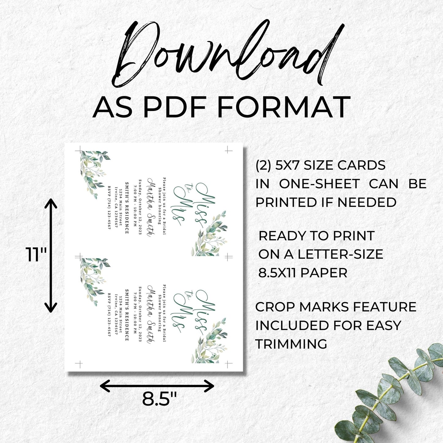 Miss to Mrs Invitation Template - Greenery