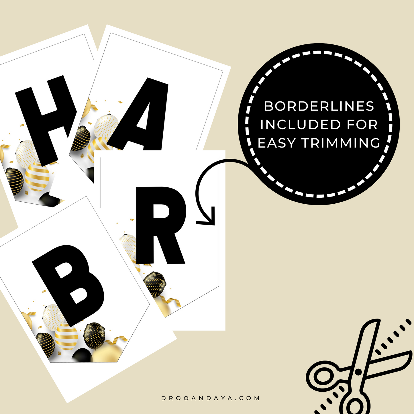Happy Birthday Banner Printable PDF - Black and Gold Theme - Droo & Aya