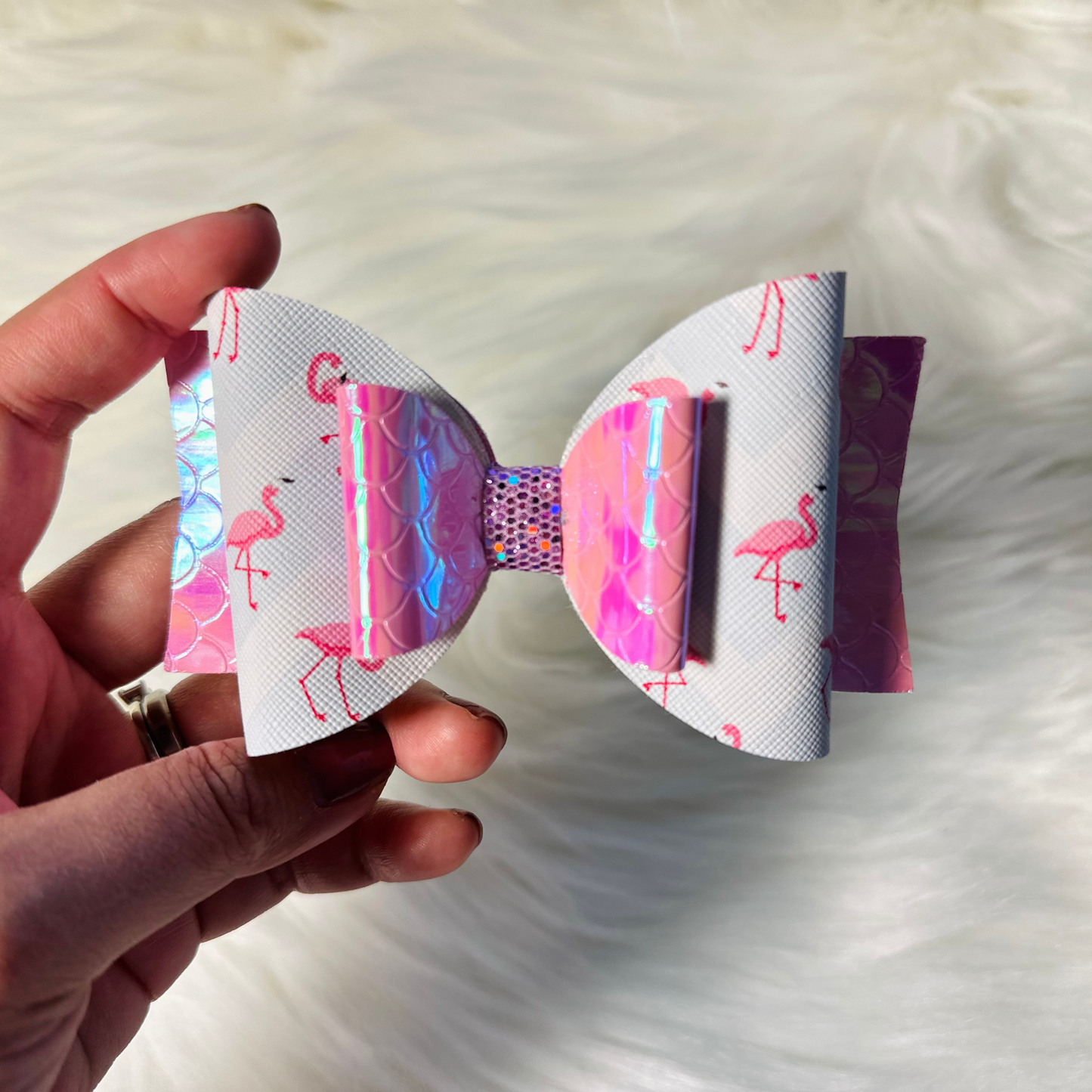 Pink Flamingo Pattern Handmade Faux Leather Hairbow