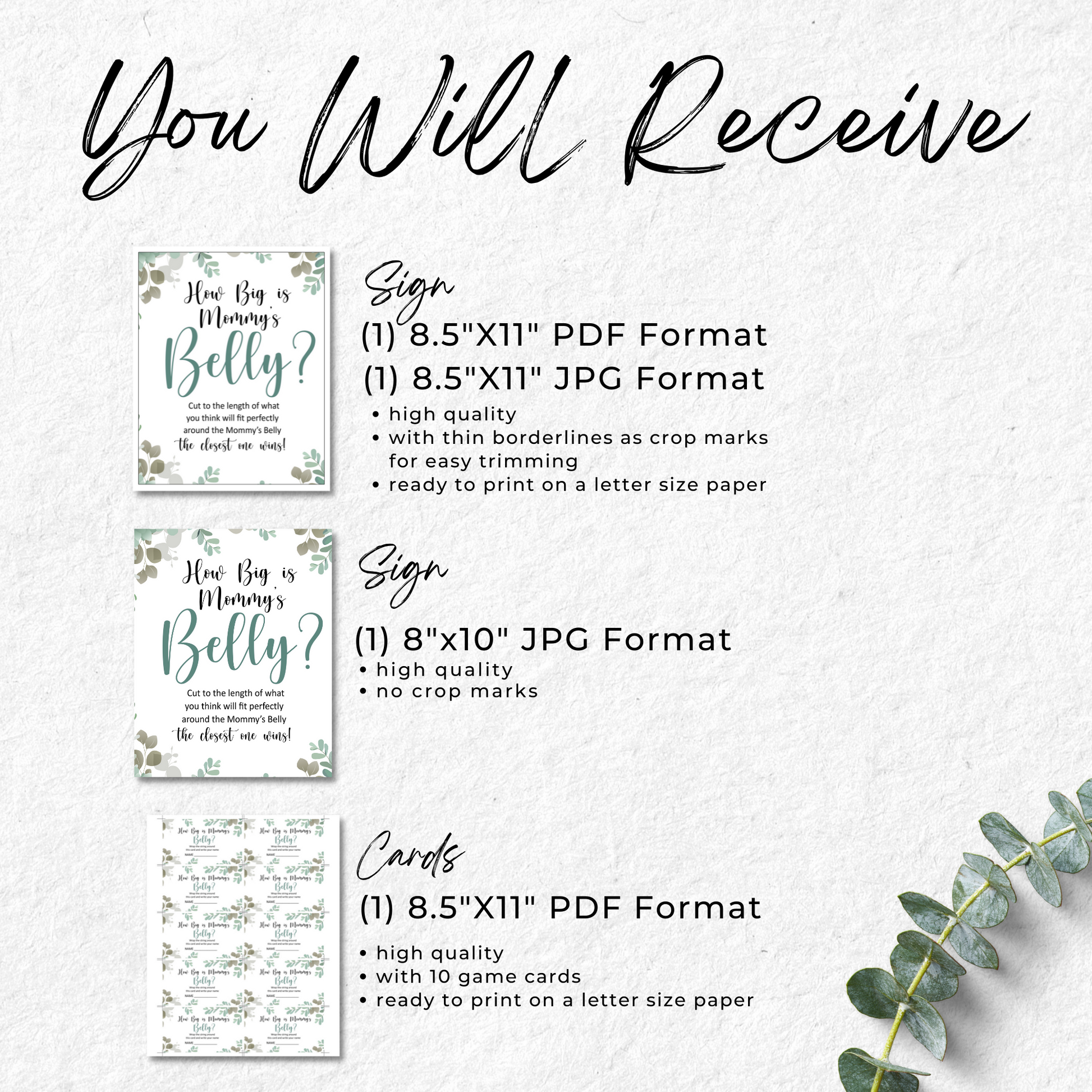 How Big is Mommy's Belly Baby Shower Game Sign and Cards - Greenery