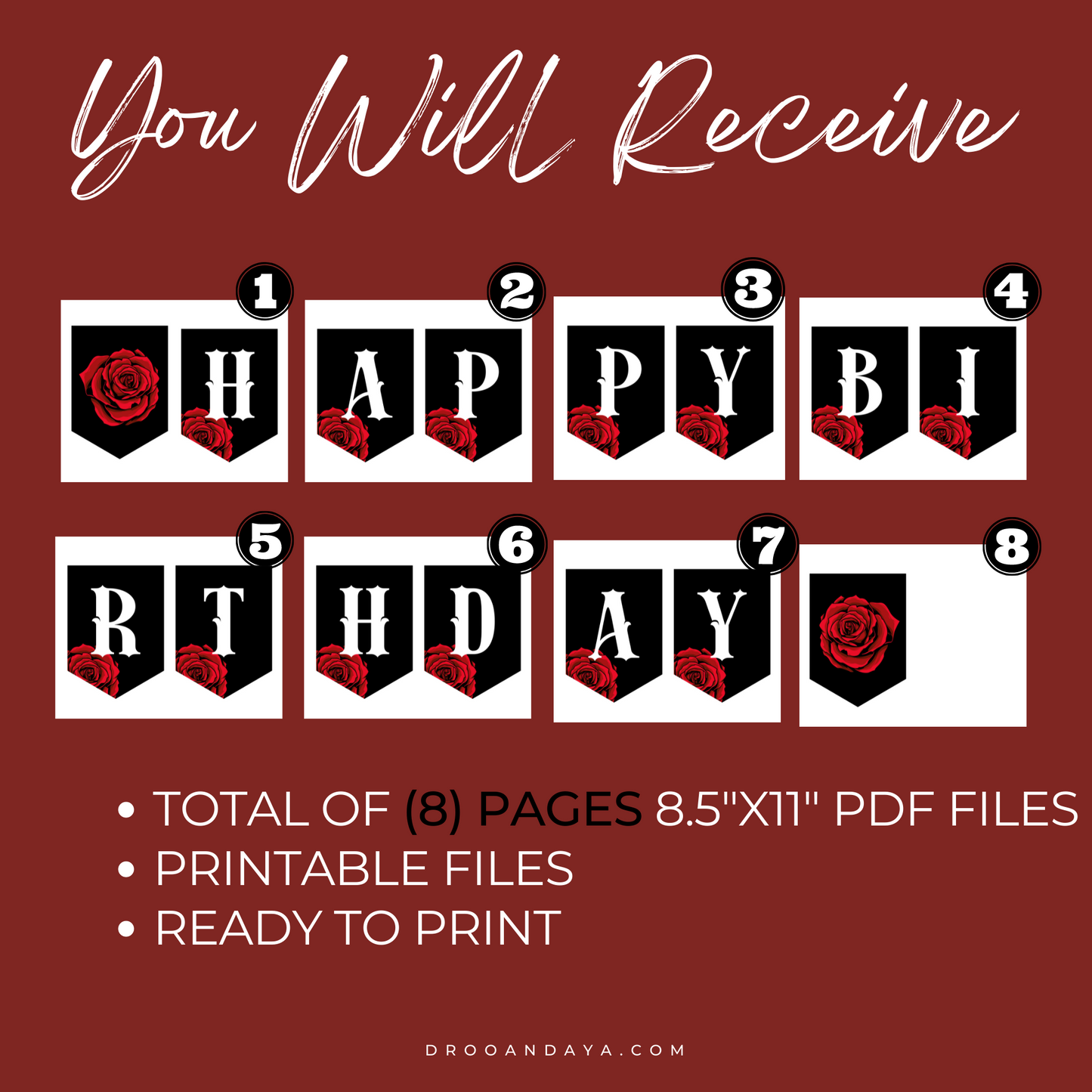 Happy Birthday Banner Printable PDF - Red Rose Floral Theme - Droo & Aya
