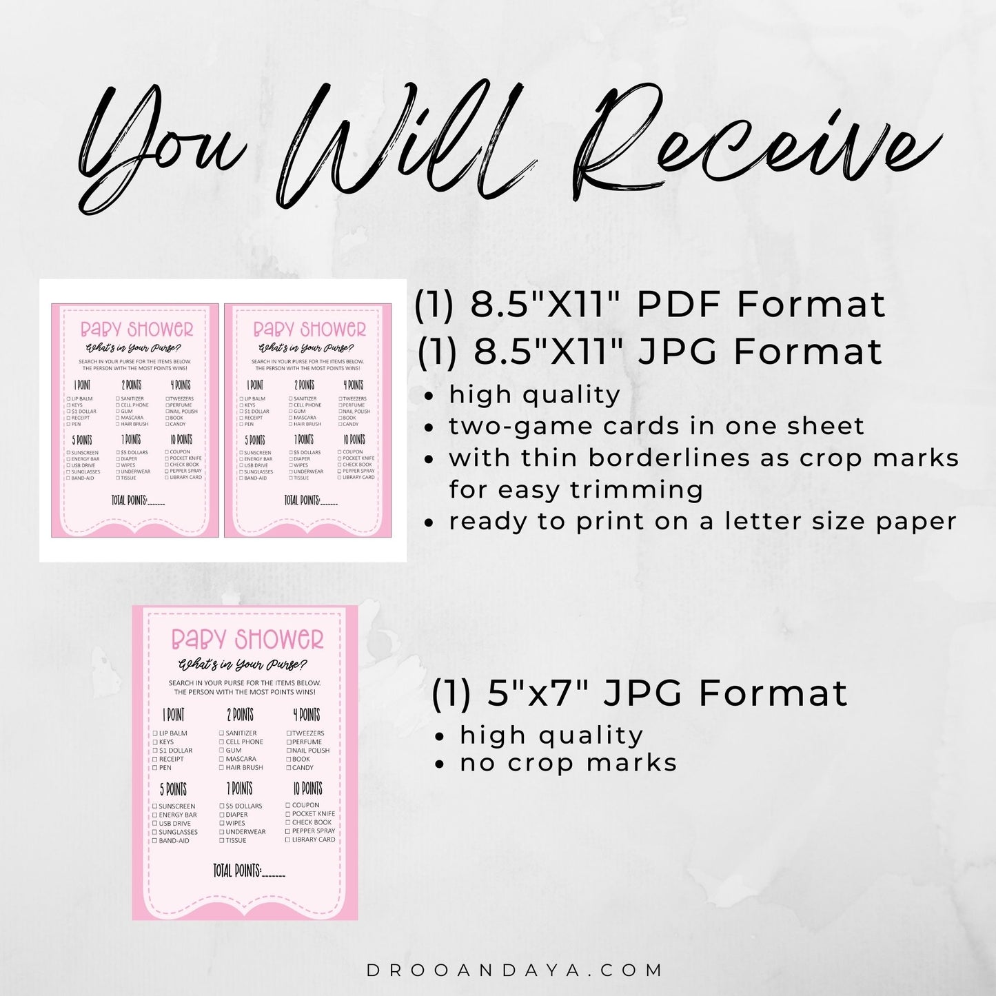 What's In Your Purse Baby Shower Game Printable - Pink - Droo & Aya