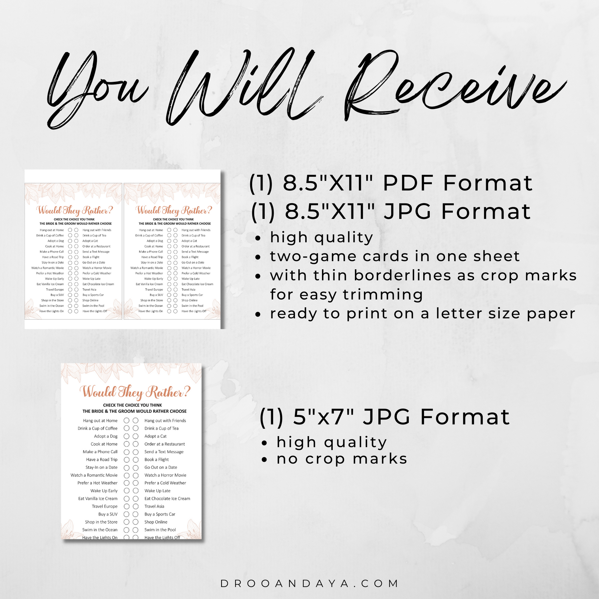 Bride or Groom Would You Rather Printable Fun Wedding Ice Breaker Game Cards - Droo & Aya