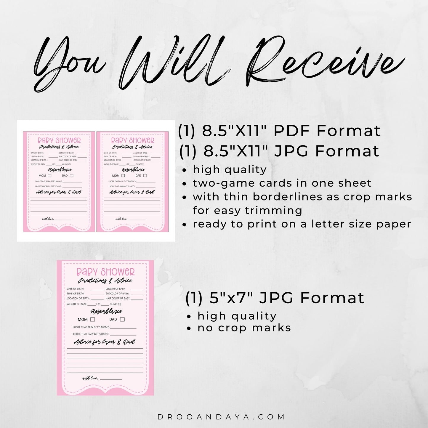 Baby Predictions and Advice Printable Cards - Droo & Aya