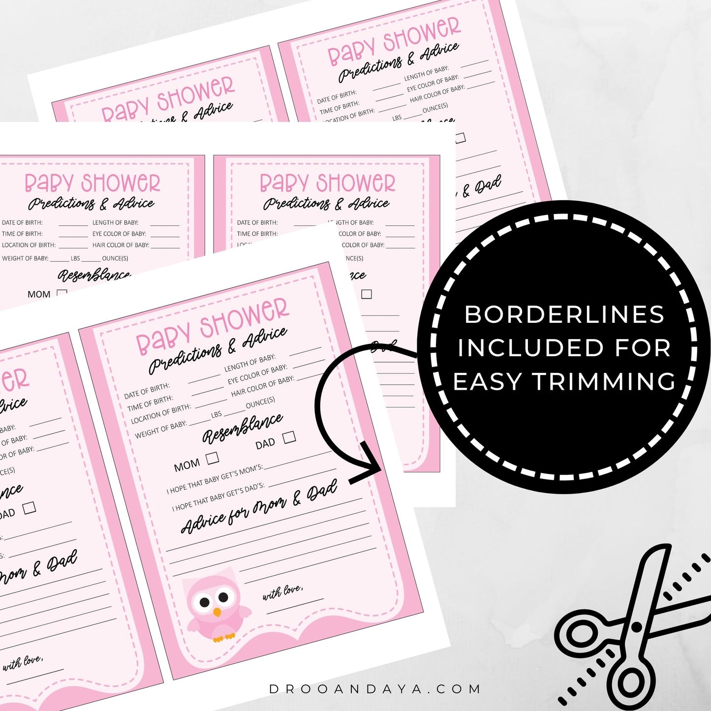 Baby Predictions and Advice Printable - Pink Owl - Droo & Aya
